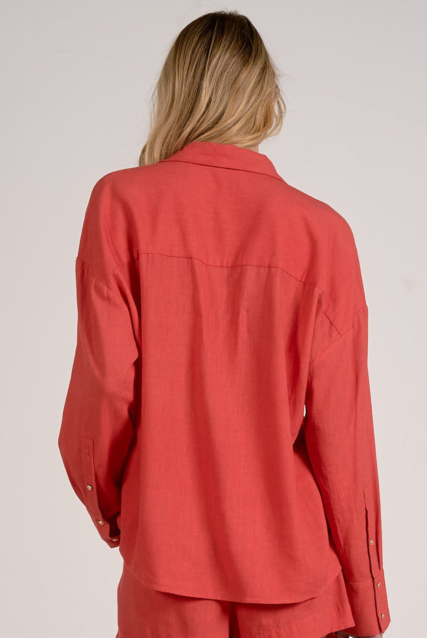 back view of red collared shirt women long sleeve casual chic outfit