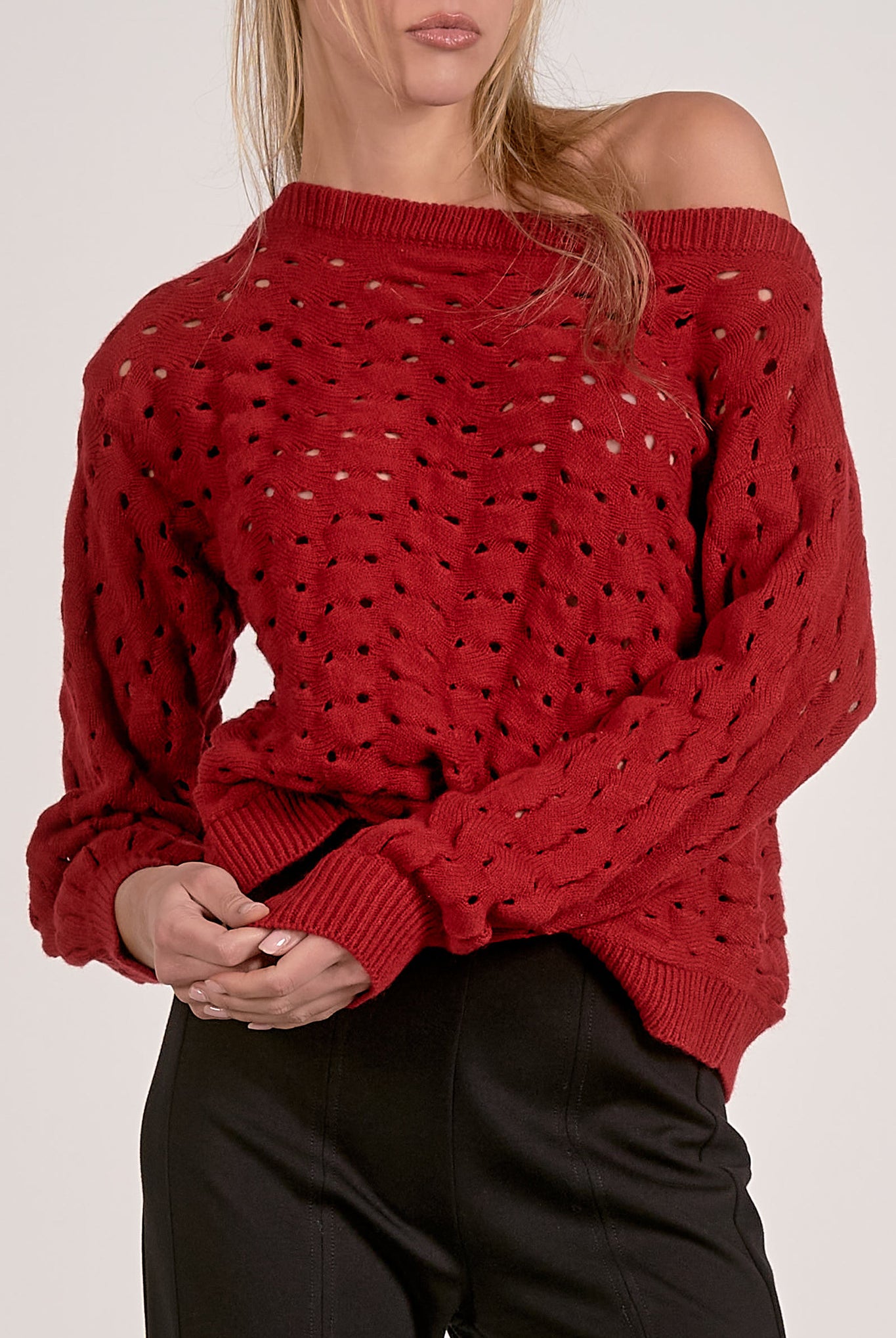 Close up of open stitch detailing on knit sweater