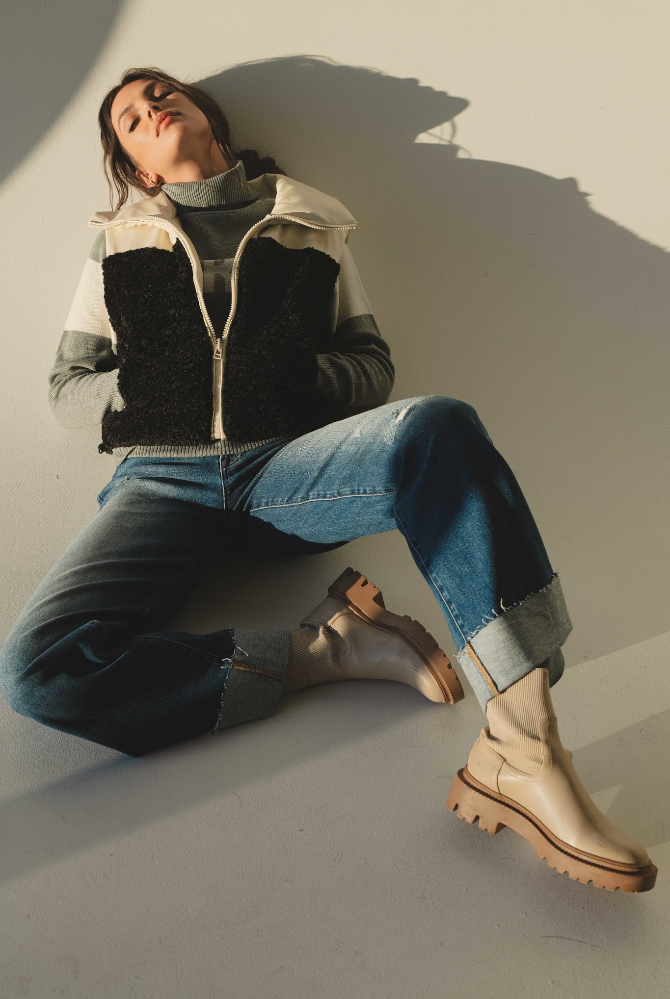 Cream and Black reversible vest and cuff jeans