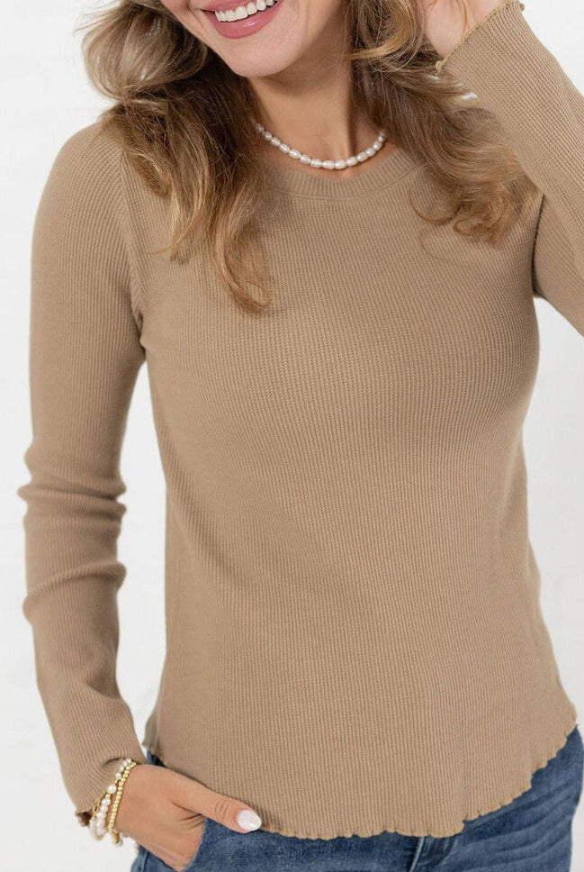 close up look at the ribbed waffle top in tan