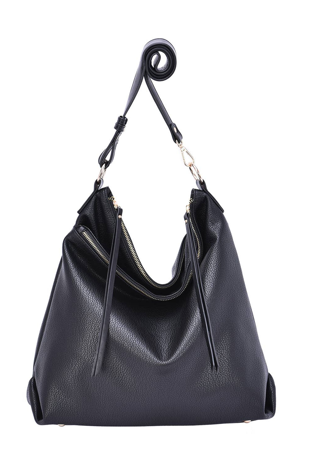 Women’s black hobo shoulder bag in vegan leather with zipper closure and organizational pockets