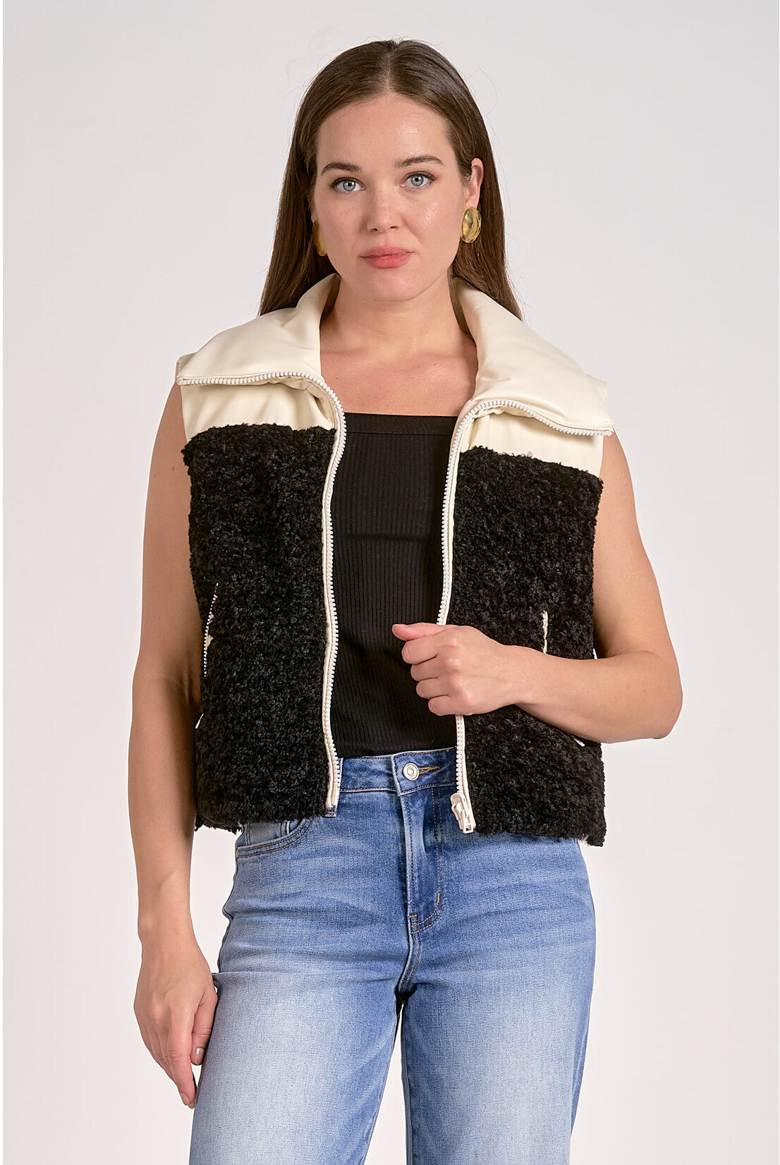 reversible sherpa zip vest black and cream layering piece
