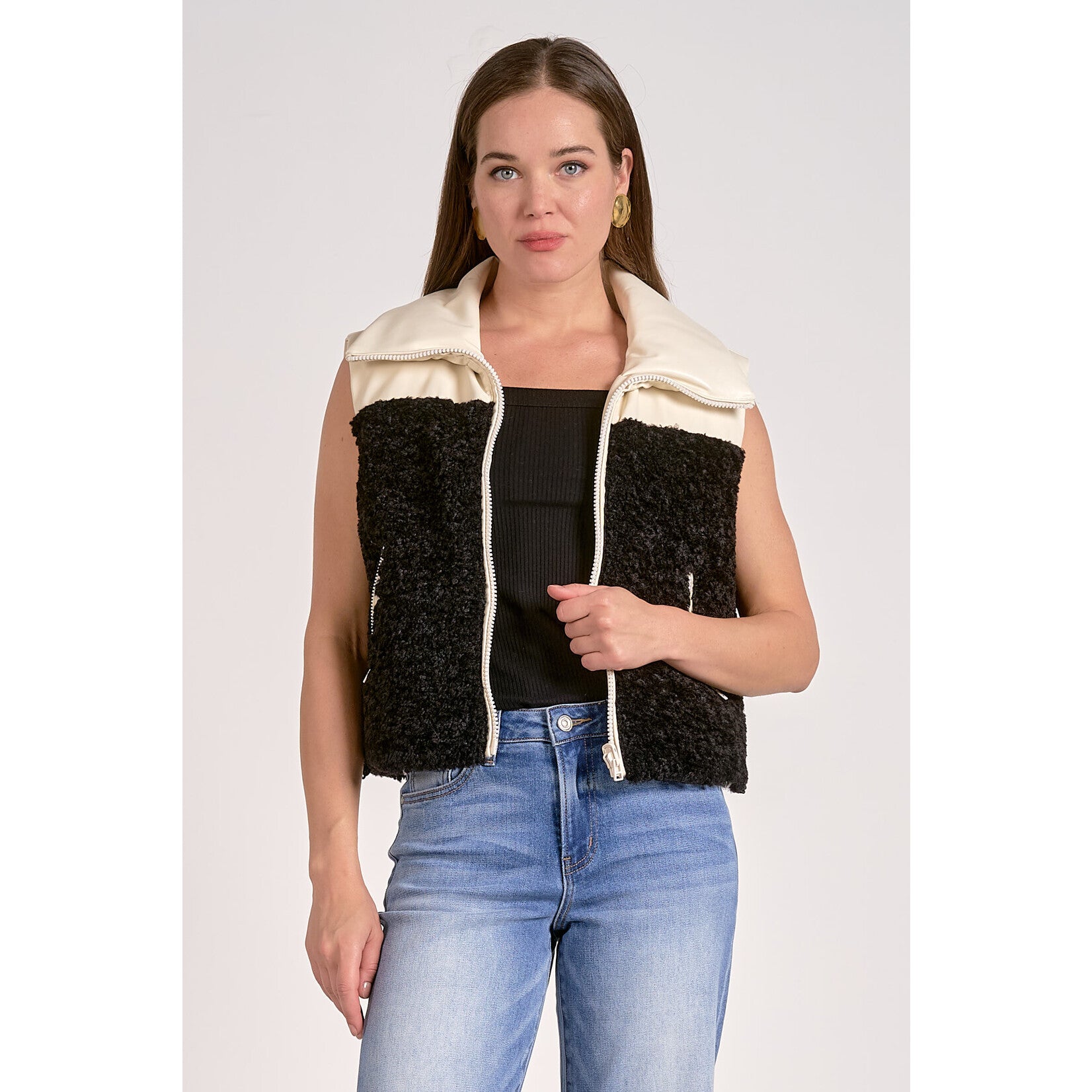 reversible sherpa zip vest black and cream layering piece