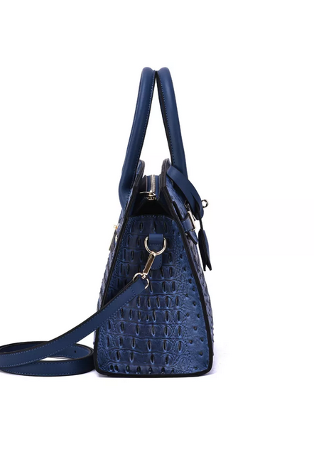 showing the depth of Virginia Satchel handbag in navy