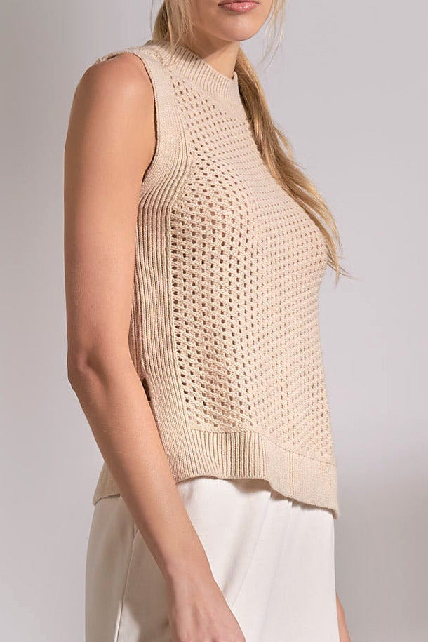 sand sleeveless knit sweater with textured design side view