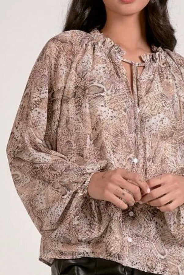 detail on snakeskin tie front blousy top