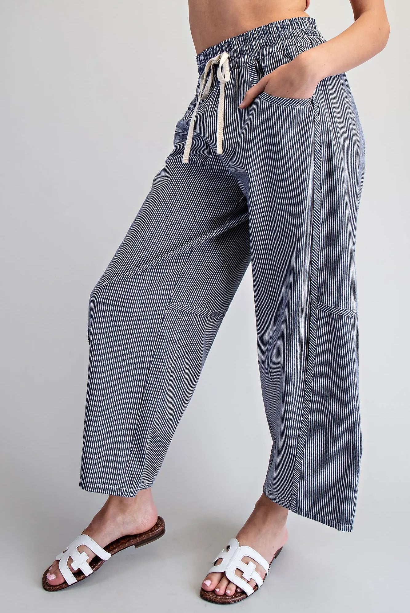 Navy striped relaxed fit wide leg pants for women side view