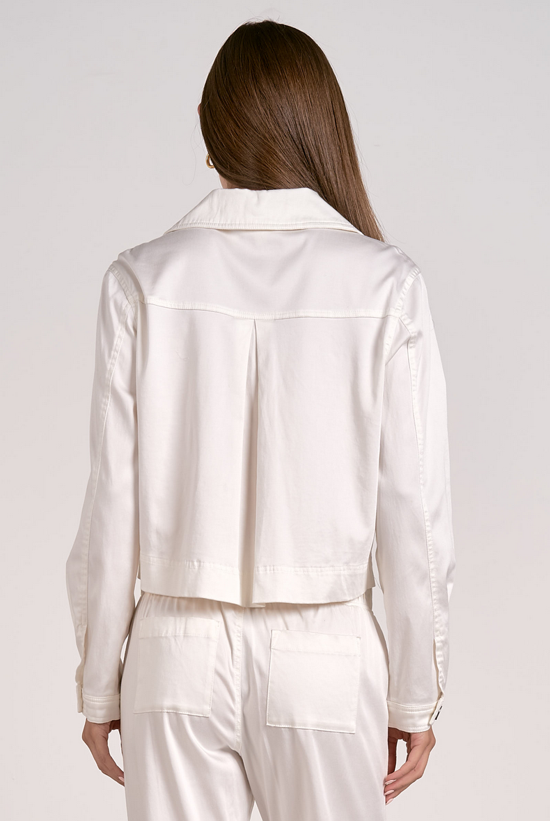Back view of soft Tencel cropped jacket with relaxed fit