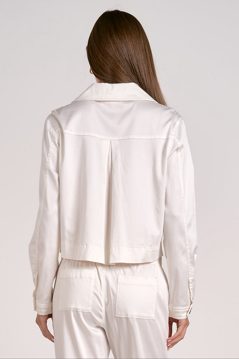 Back view of soft Tencel cropped jacket with relaxed fit