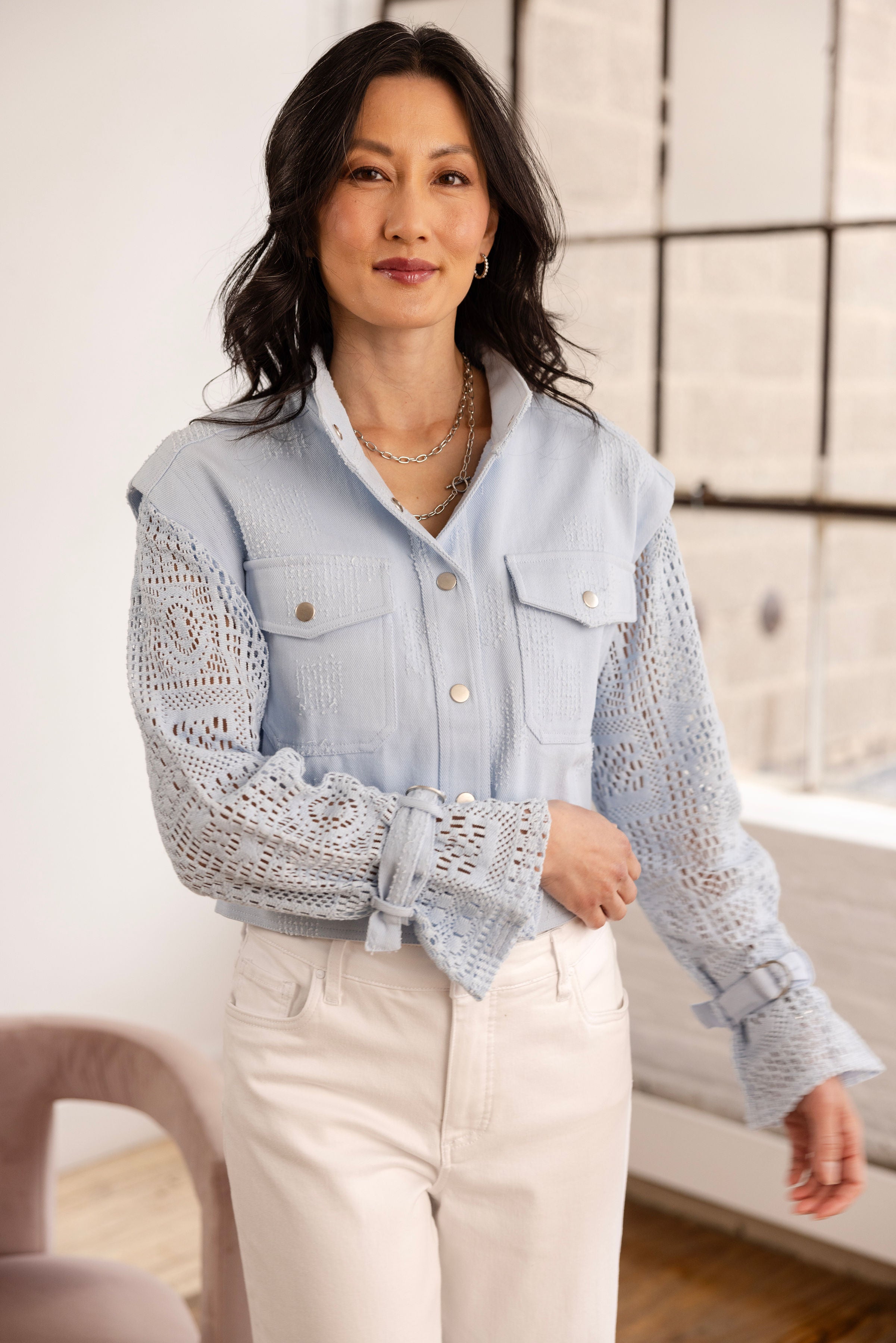 women’s denim jacket with open-knit crochet sleeves spring layer