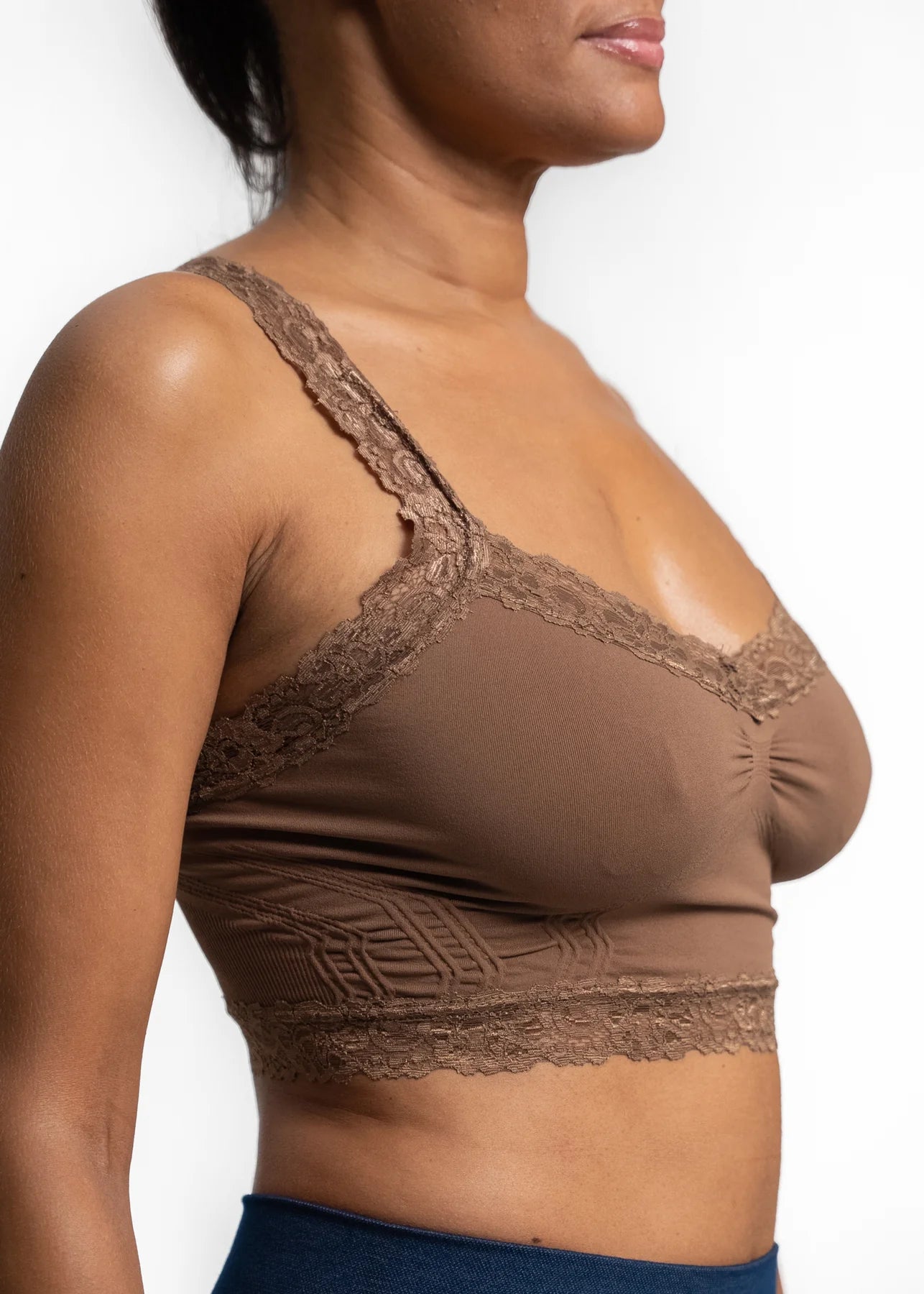 front of the toffee bralette with lace edging