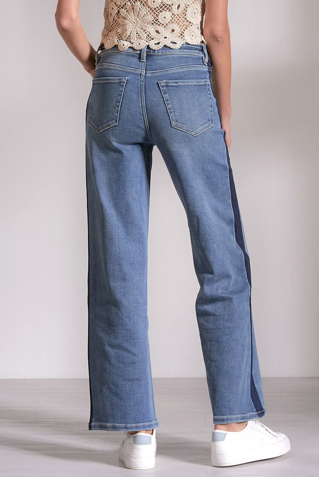 back view of Track Stripe Denim in medium wash denim
