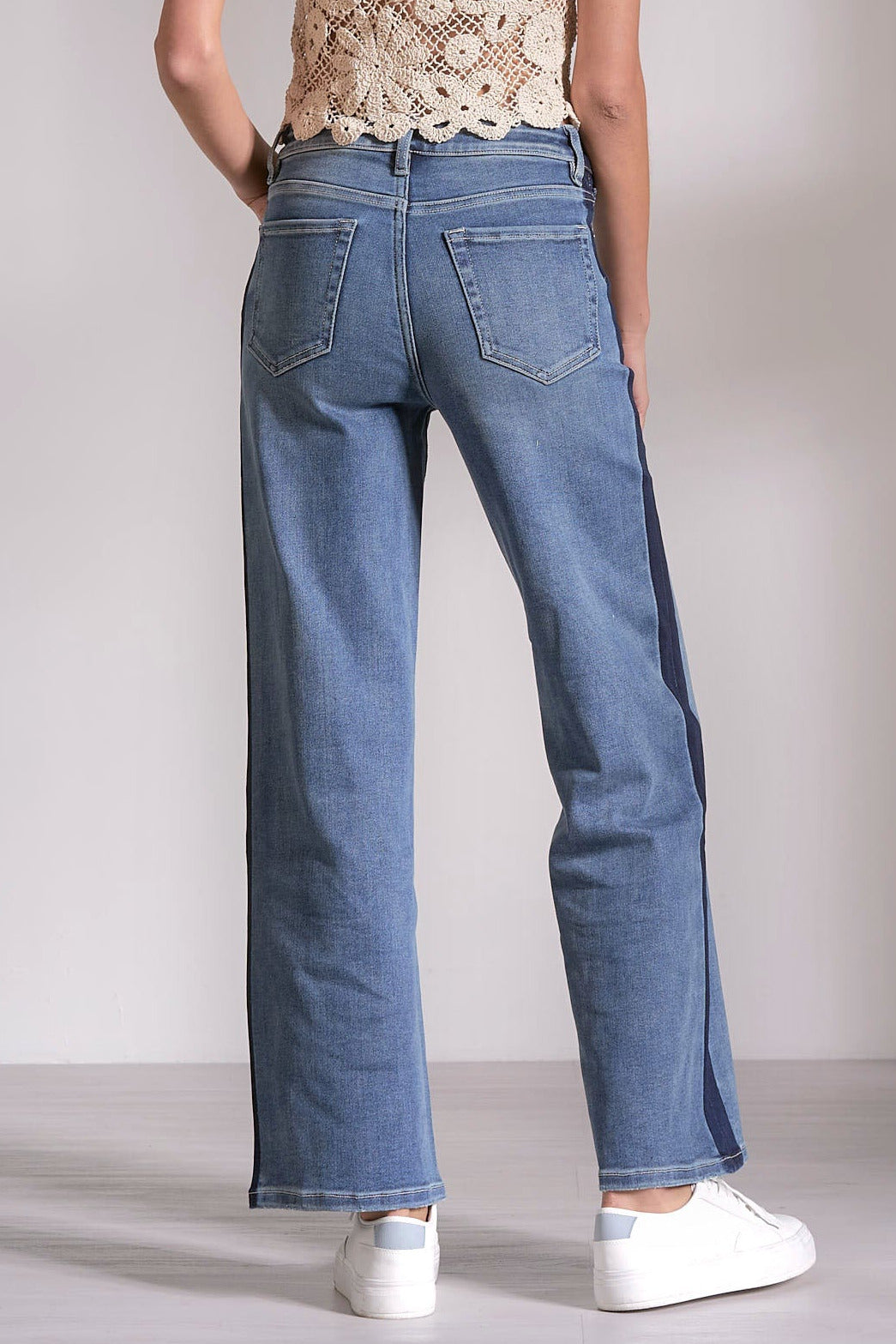 back view of Track Stripe Denim in medium wash denim