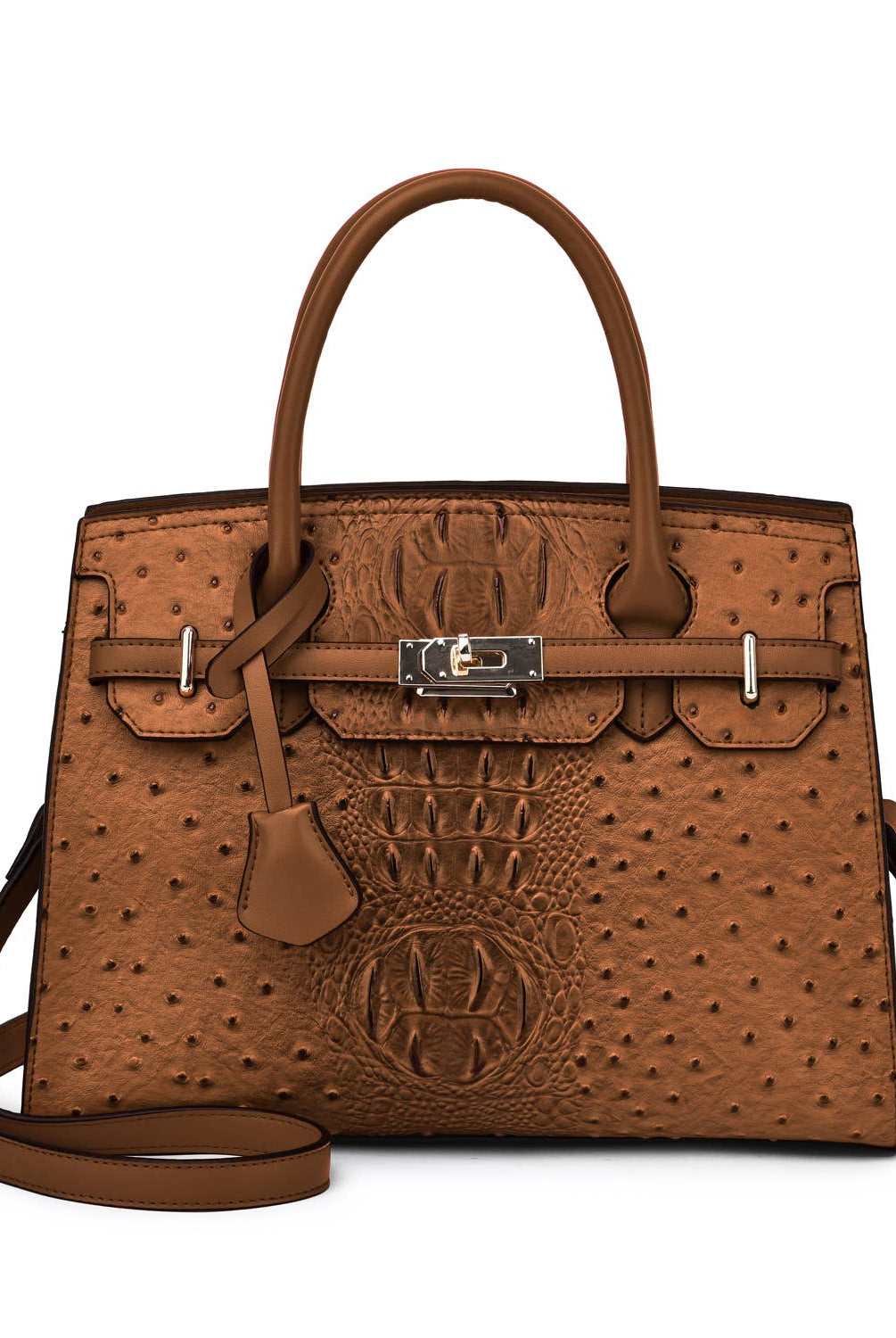 Virginia ostrich-embossed vegan leather satchel in cognac brown with structured silhouette and top handle