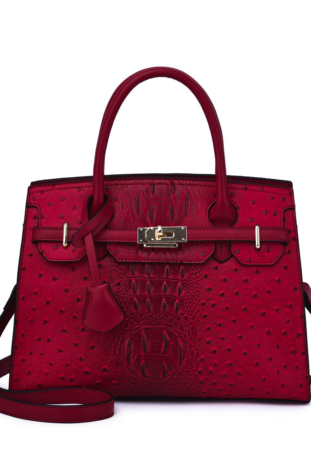 Virginia ostrich-embossed vegan leather satchel in maroon with embossed texture and top handle