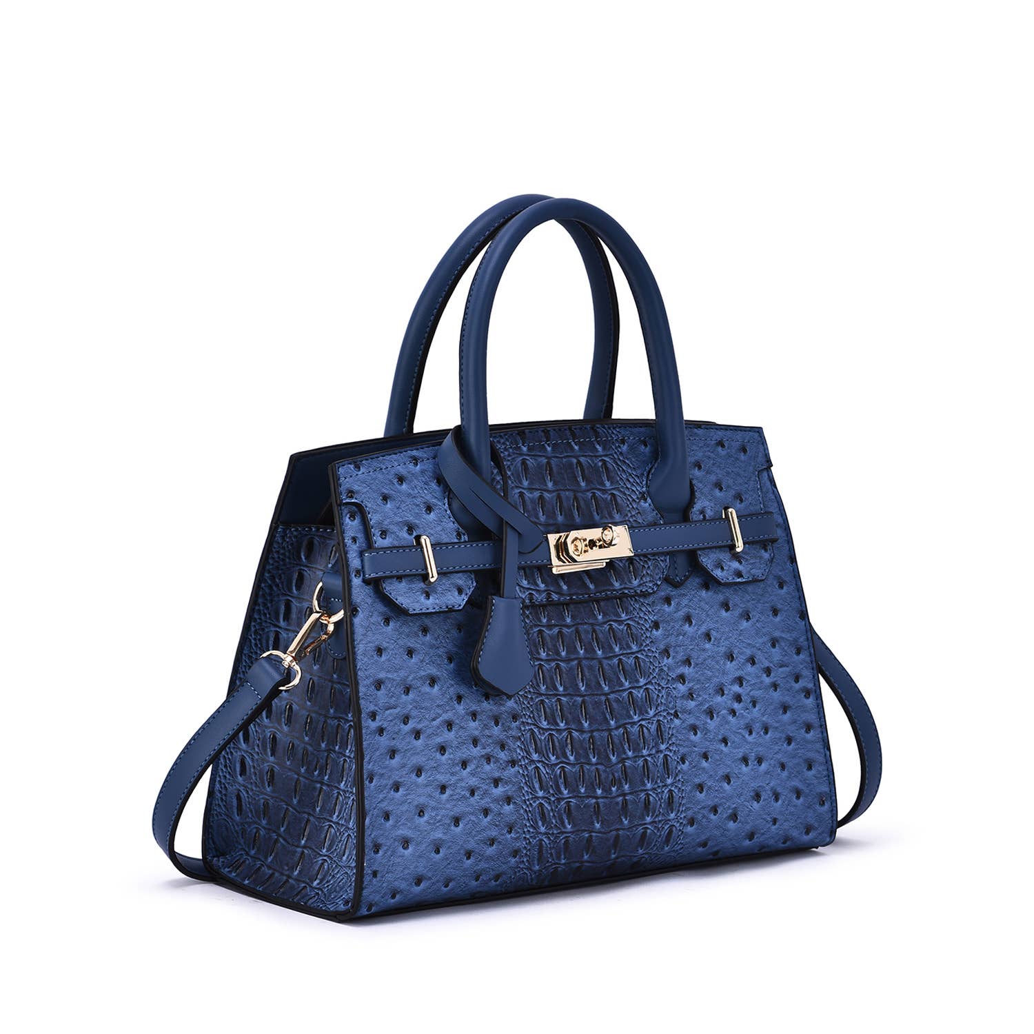 Virginia ostrich-embossed vegan leather satchel in navy with croc texture and structured top-handle design
