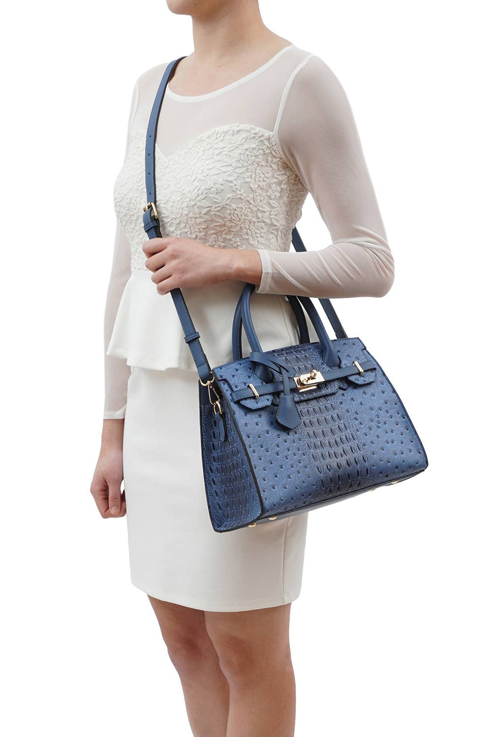 model showing the cross body attachment as a crossbody for the virginia satchel