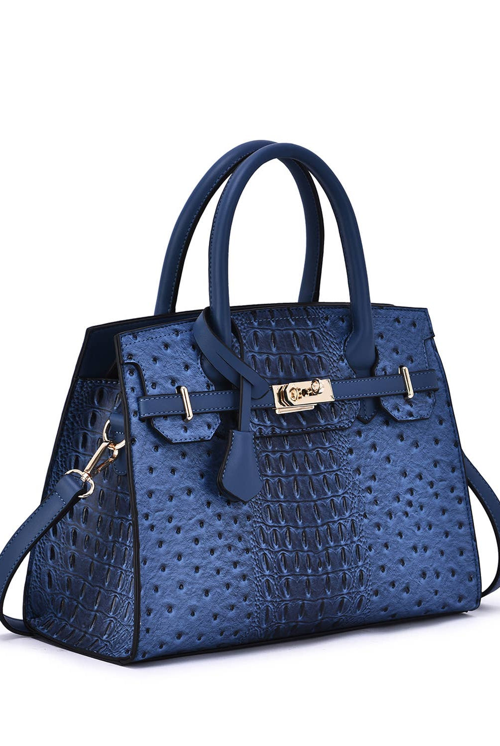 Virginia ostrich-embossed vegan leather satchel in navy with croc texture and structured top-handle design