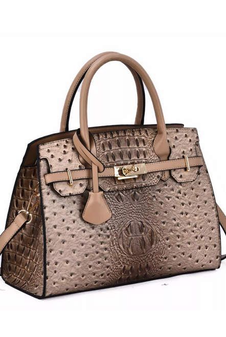 Virginia ostrich-embossed vegan leather satchel in sand with structured top handle and removable strap