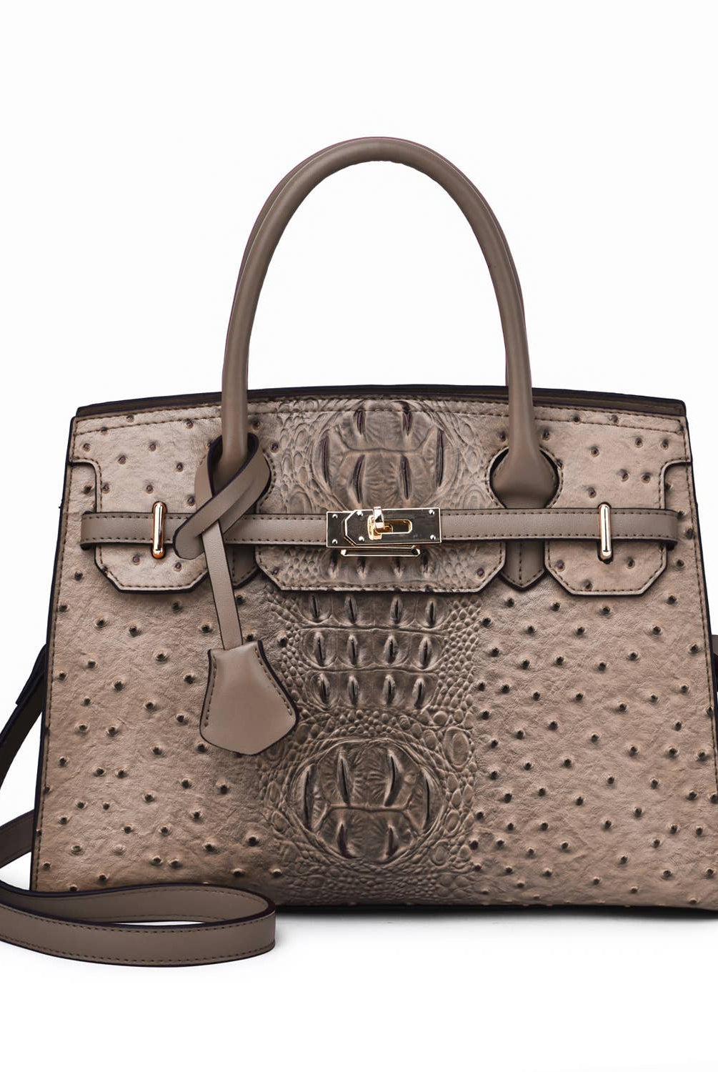 Virginia ostrich-embossed vegan leather satchel in sand with structured top handle and removable strap