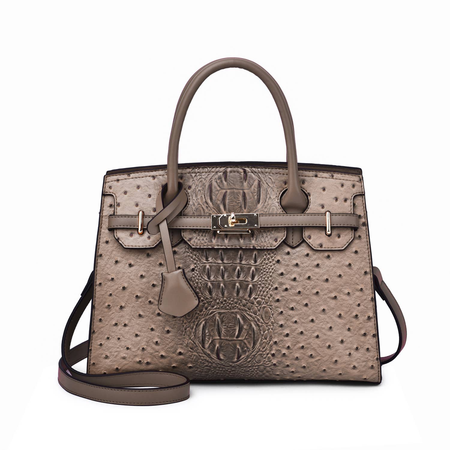 Virginia ostrich-embossed vegan leather satchel in sand with structured top handle and removable strap