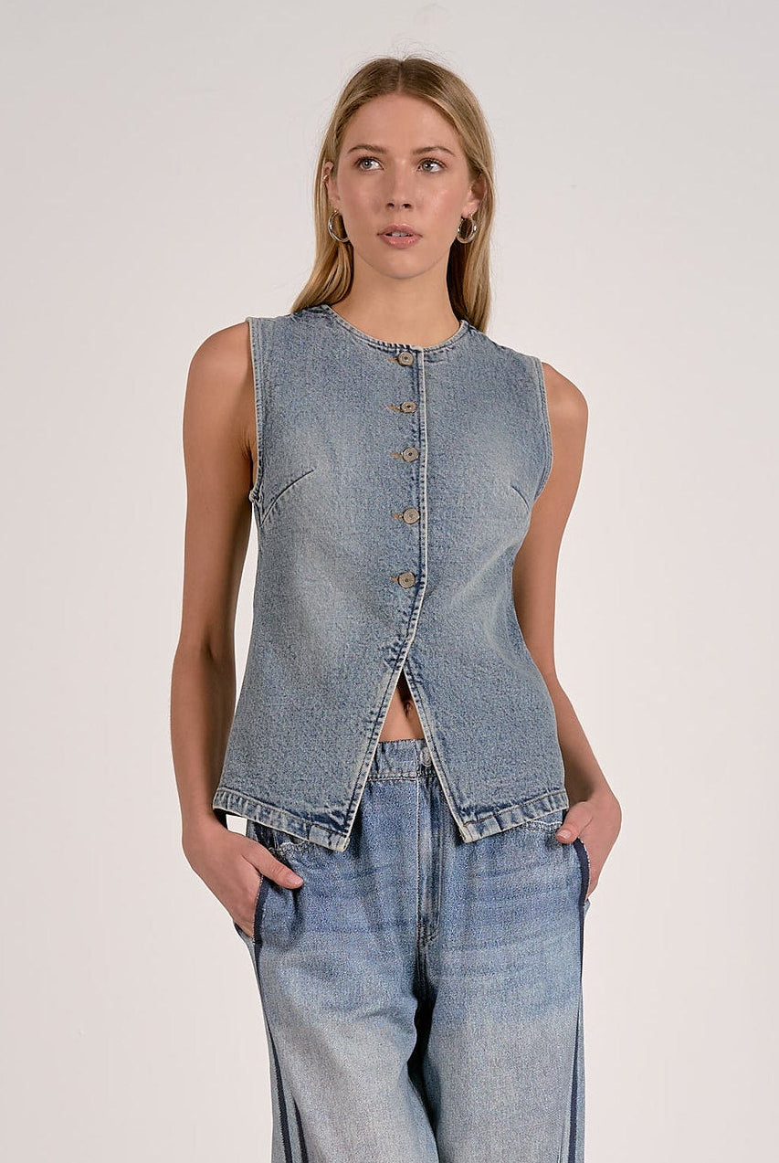 Washed denim button front vest with tailored seam detailing