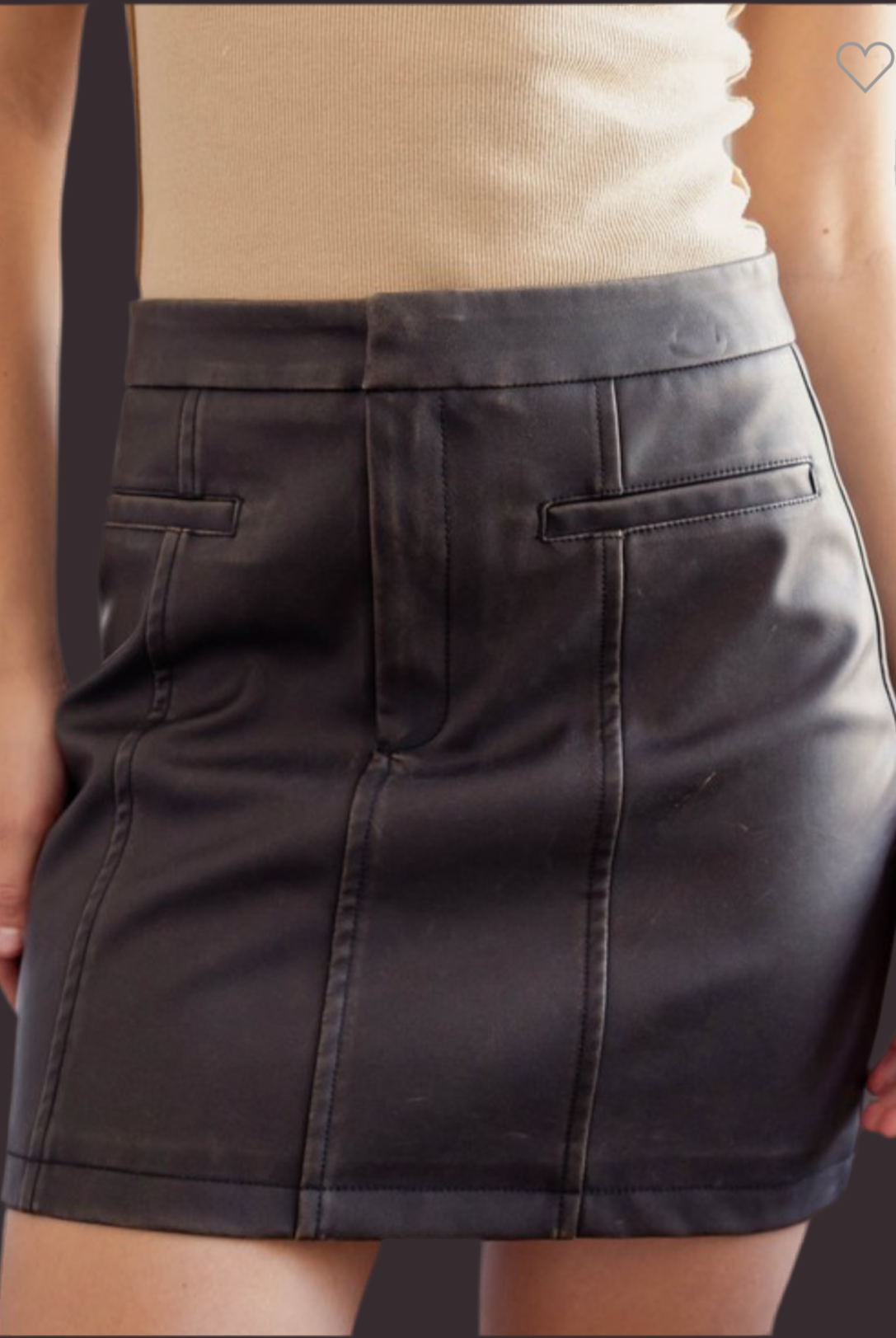 Front view of Washed Vegan Leather Skirt with panel detail and pockets