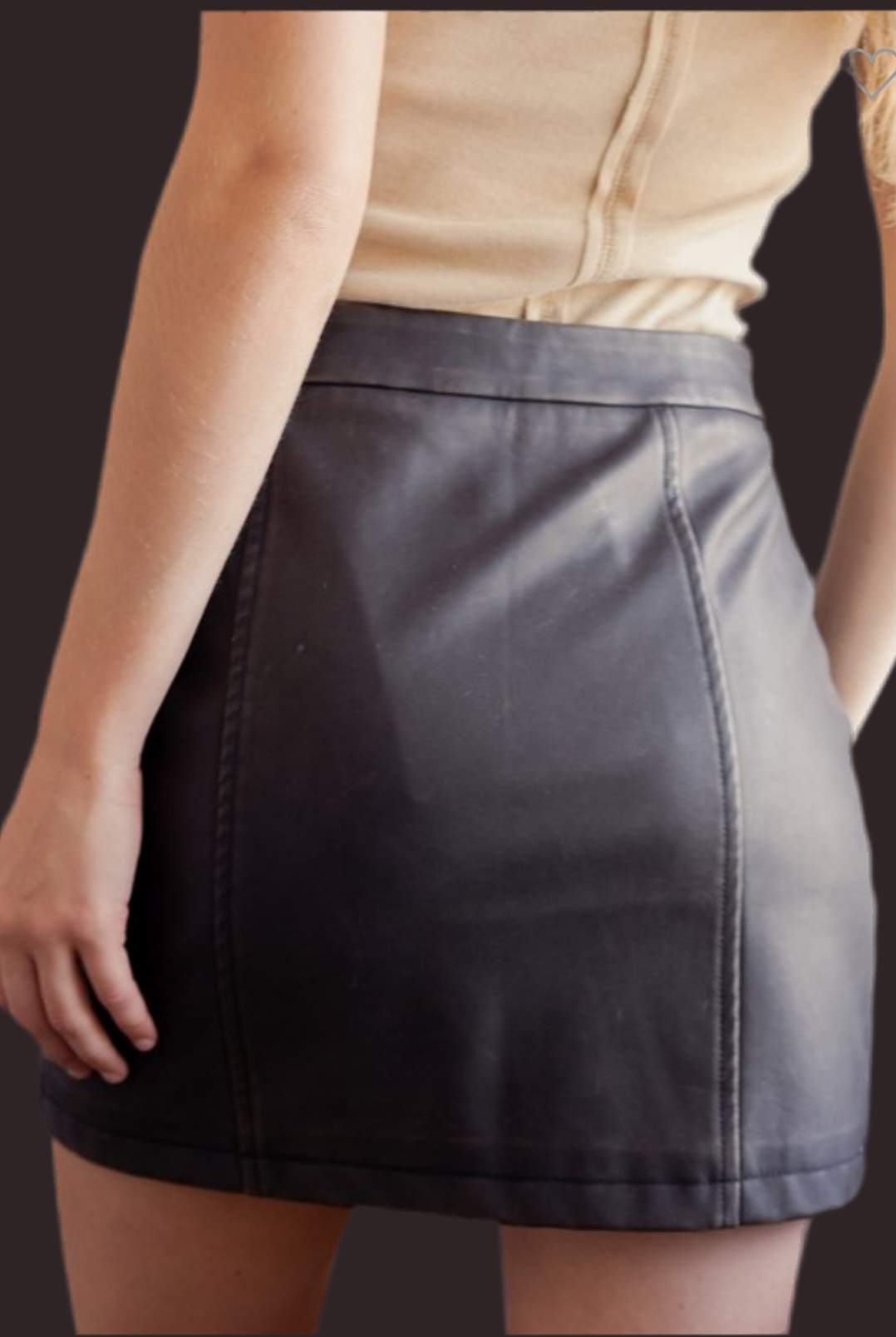 Back view of washed faux leather skirt and seaming details