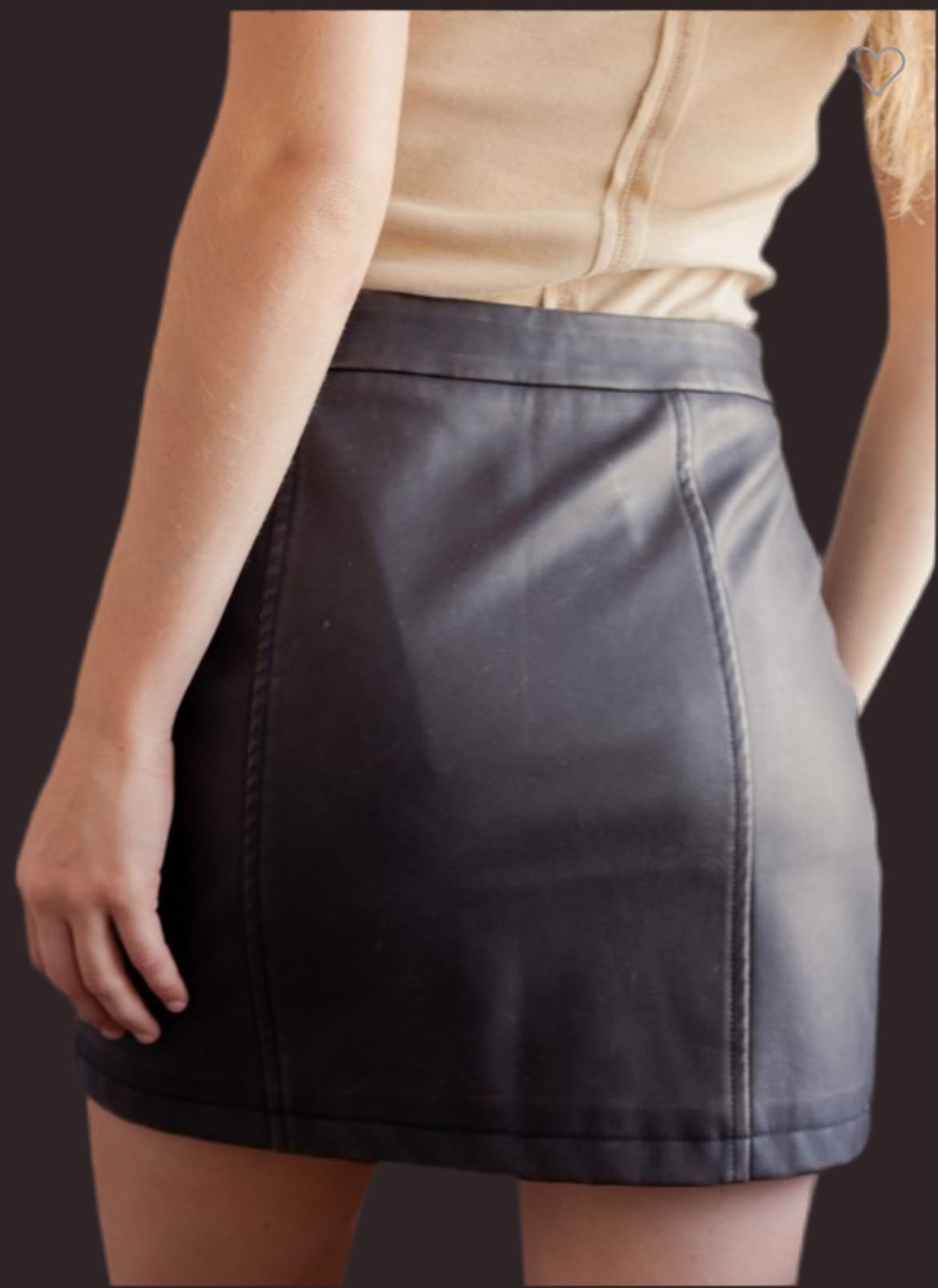 Back view of washed faux leather skirt and seaming details