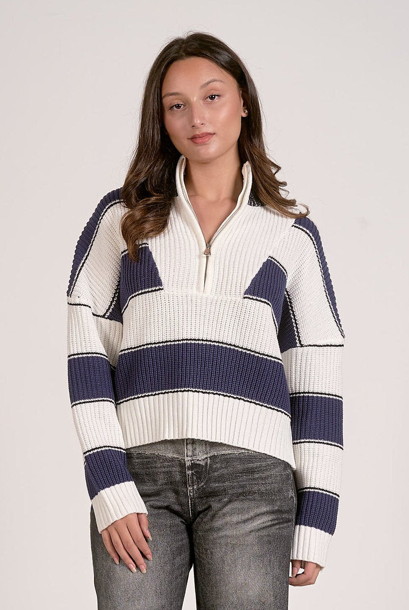 Navy and white striped half zip sweater styled casually with denim for everyday wear