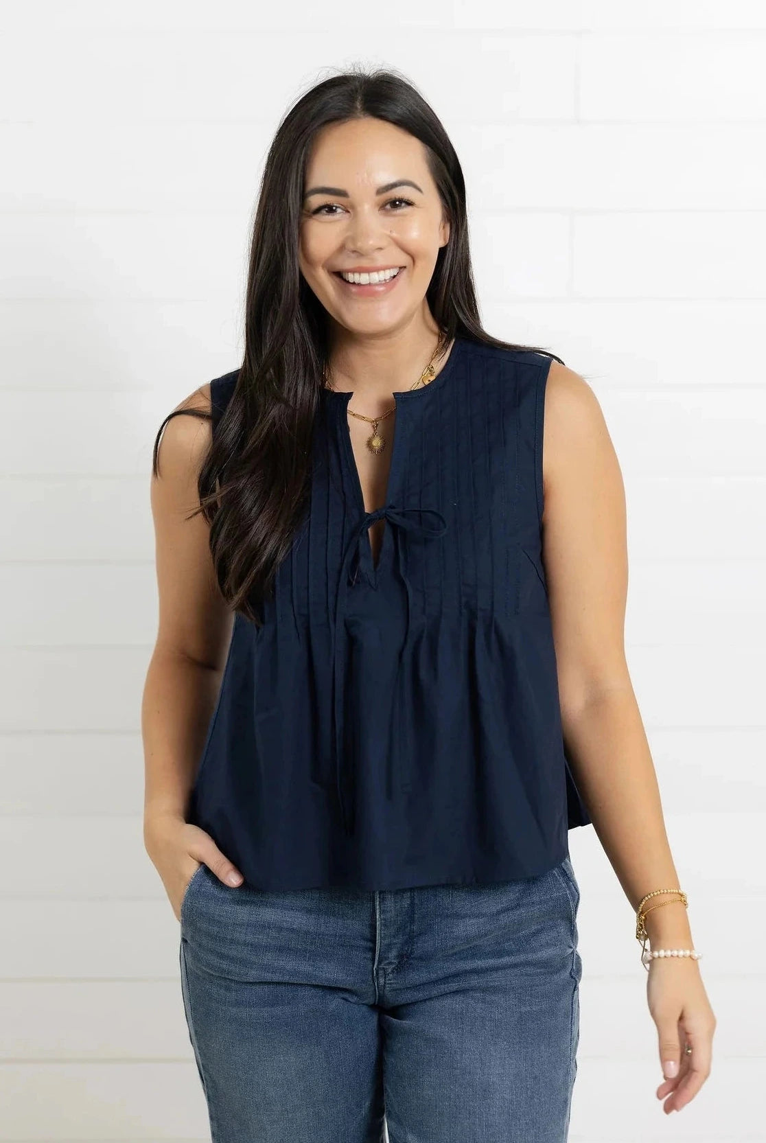 Mac and Me navy woven sleeveless top with pleated detail