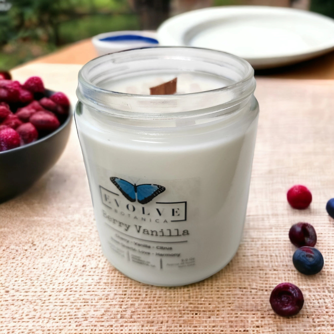 Wood wick crystal soy candle jar in berry vanilla rose quartz