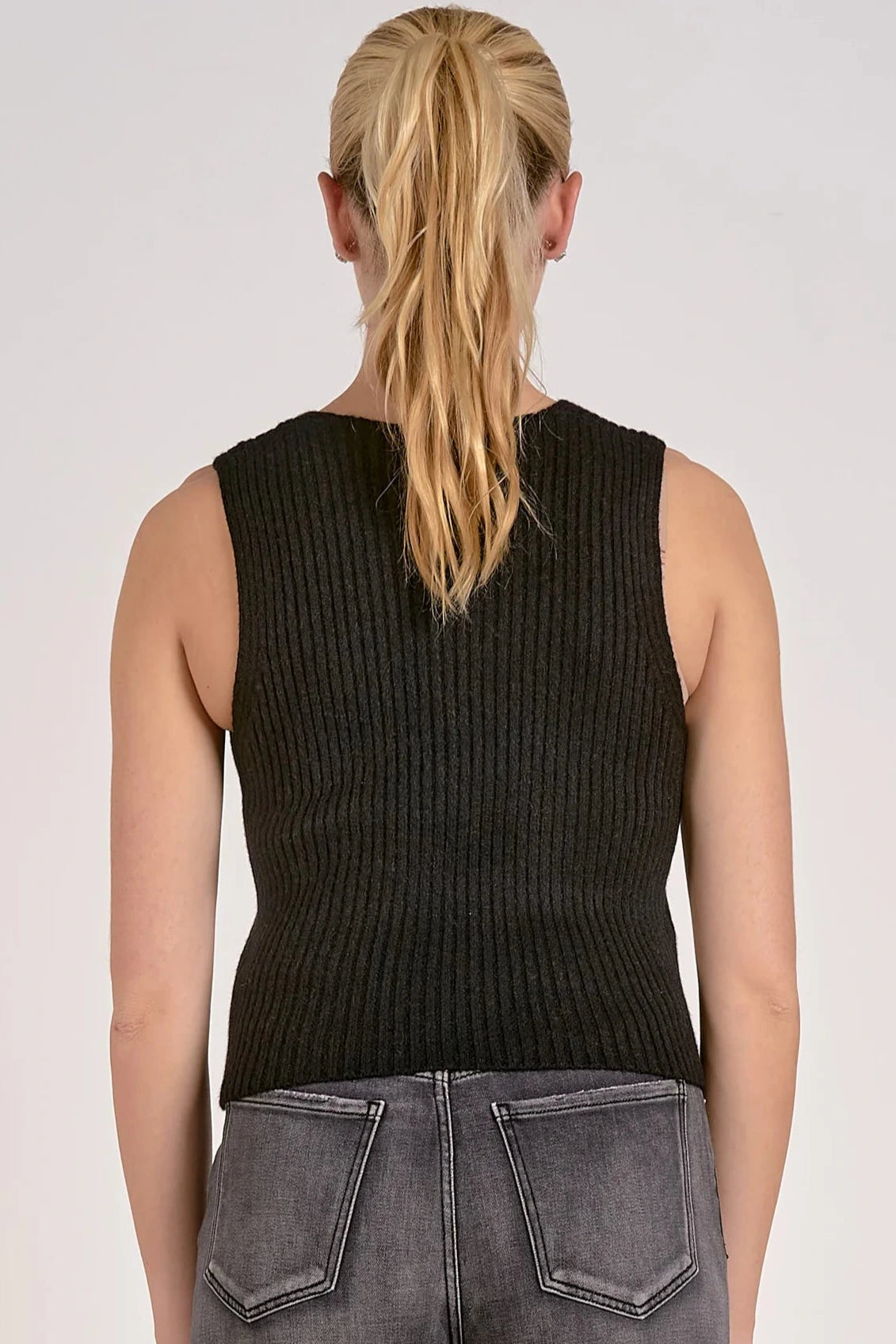 Black ribbed knit button-down sweater vest back view