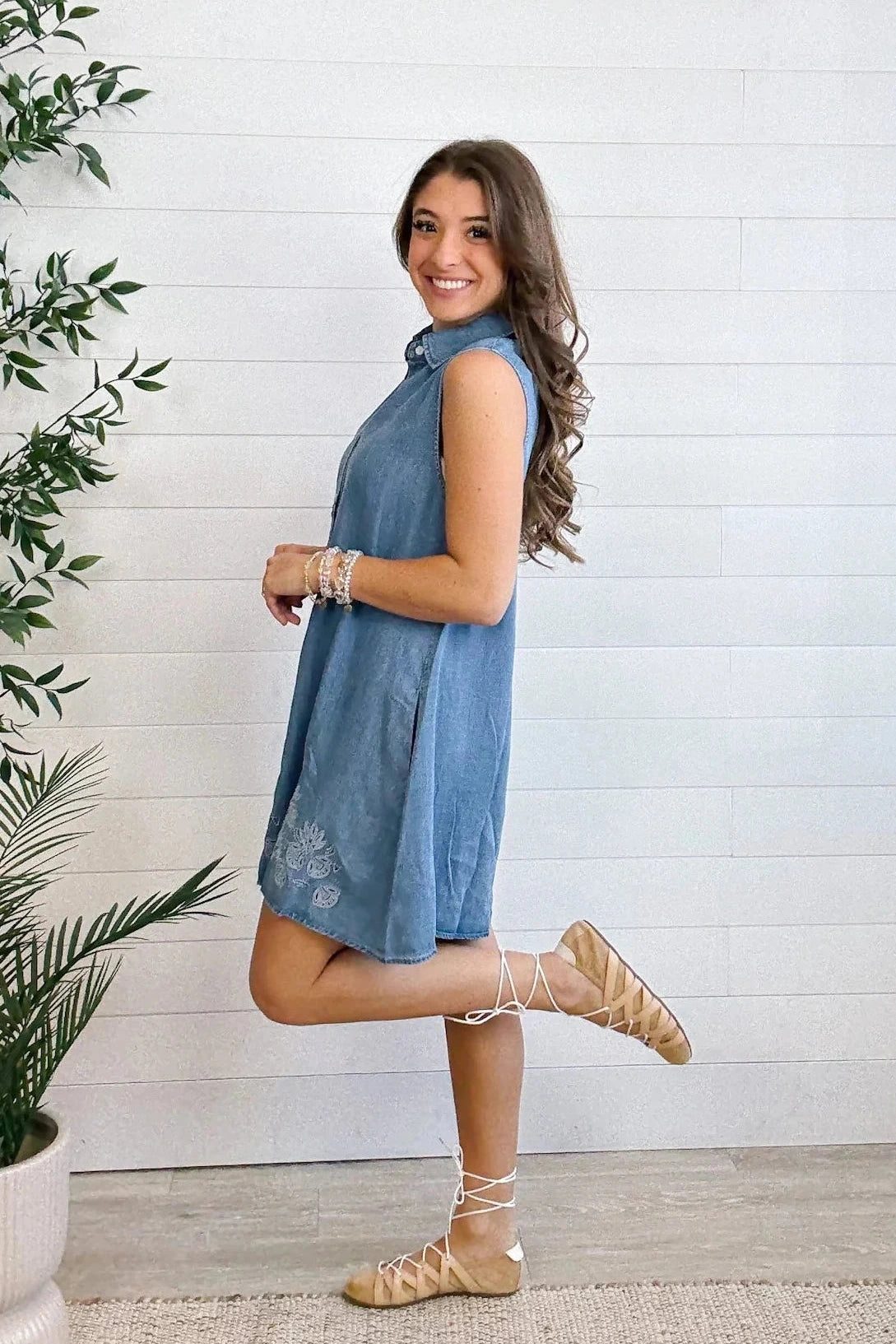 Chambray Sleeveless Button Front Shirtdress