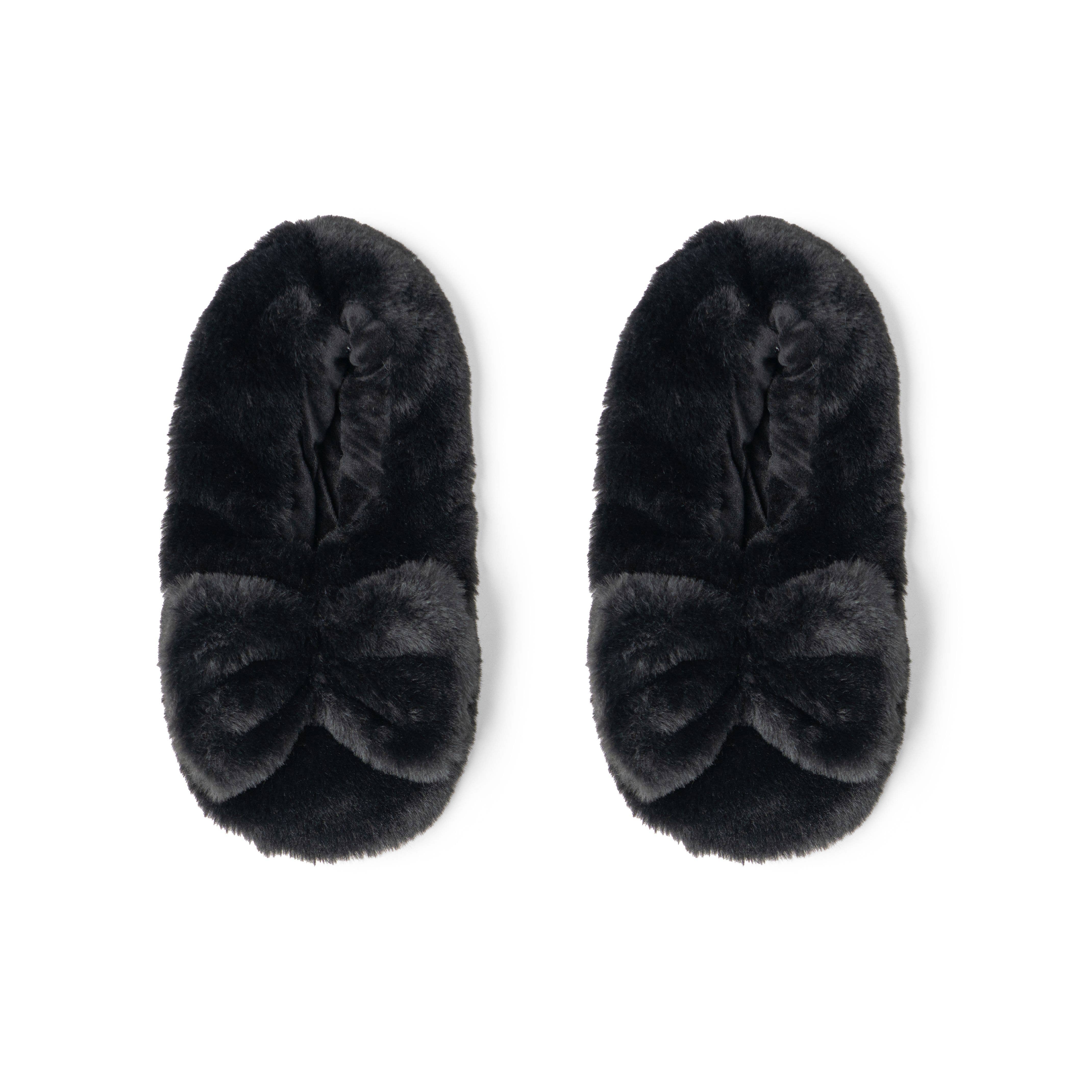 black microwavable plush heated slippers with weighted spa bead upper bow