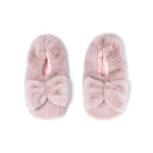 pink colored microwavable plush heated slippers with weighted spa bead upper bow