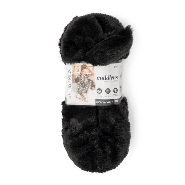 package of the black color microwavable plush heated slippers with weighted spa bead upper