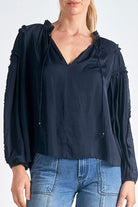 Navy Vneck Blouse with Detail on Arms