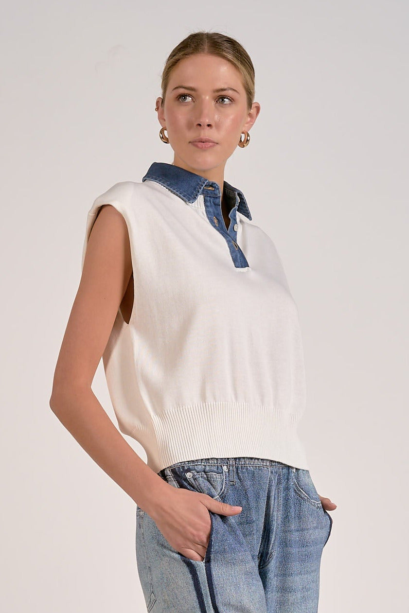 side view of Elan cap sleeve denim trim sweater top with contrast collar detail