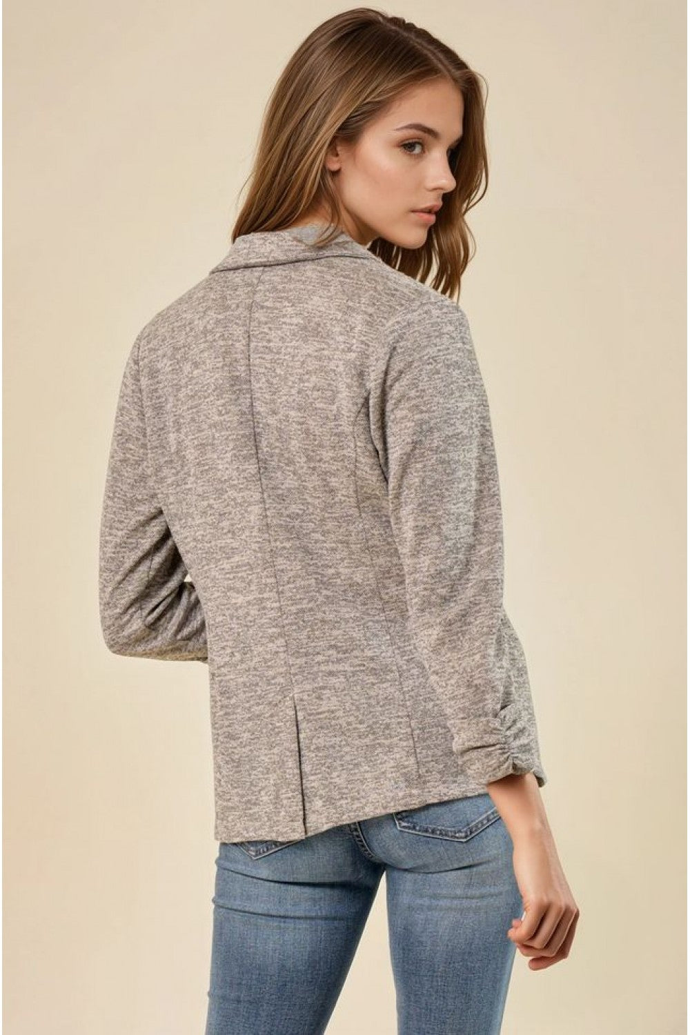 Toffee knit blazer with shirred sleeves back view