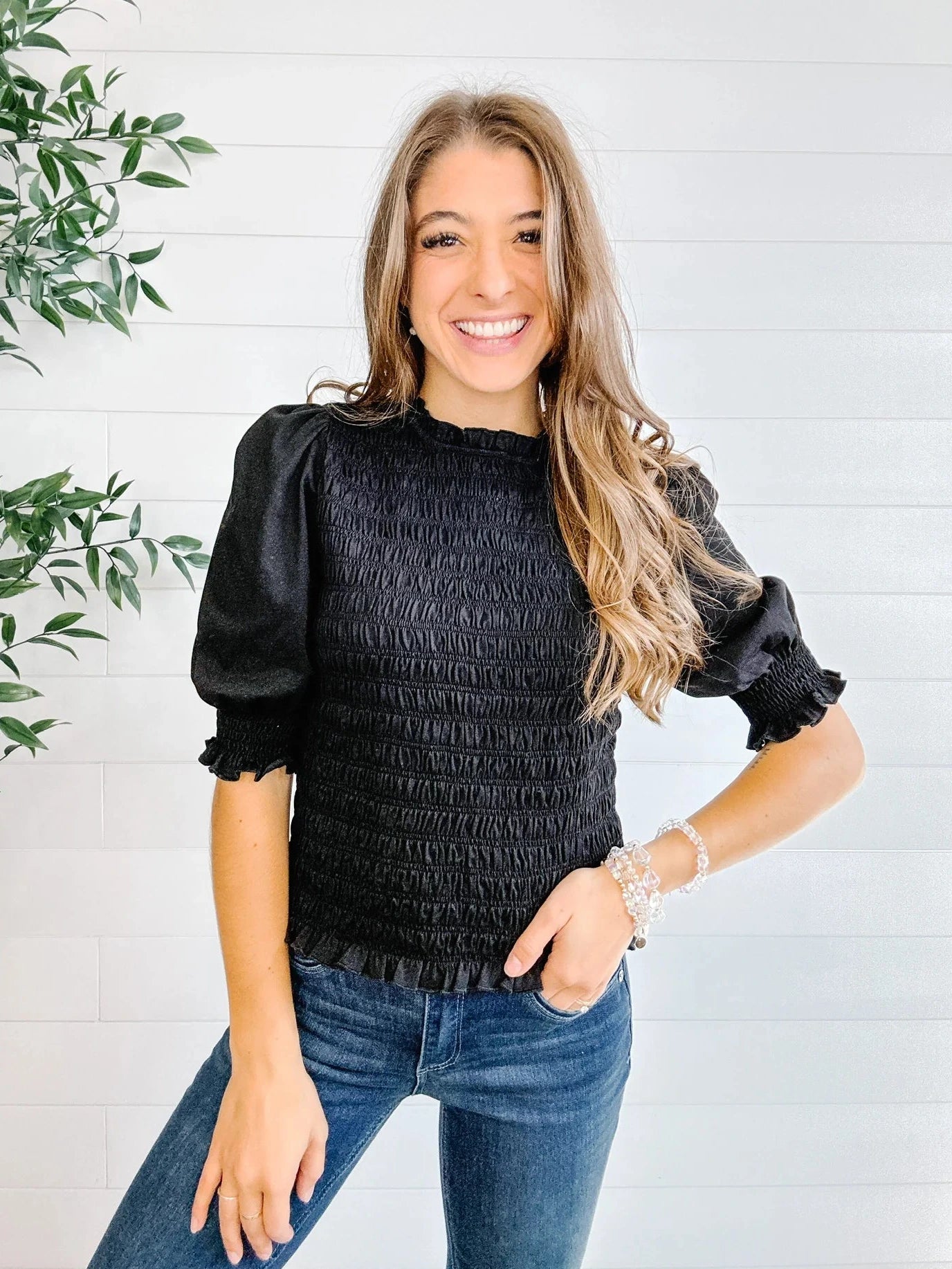 Mac and Me black 3/4 sleeve smocked top front view