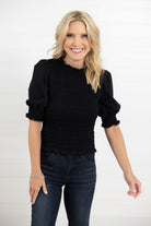 Mac and Me black 3/4 sleeve smocked top front view