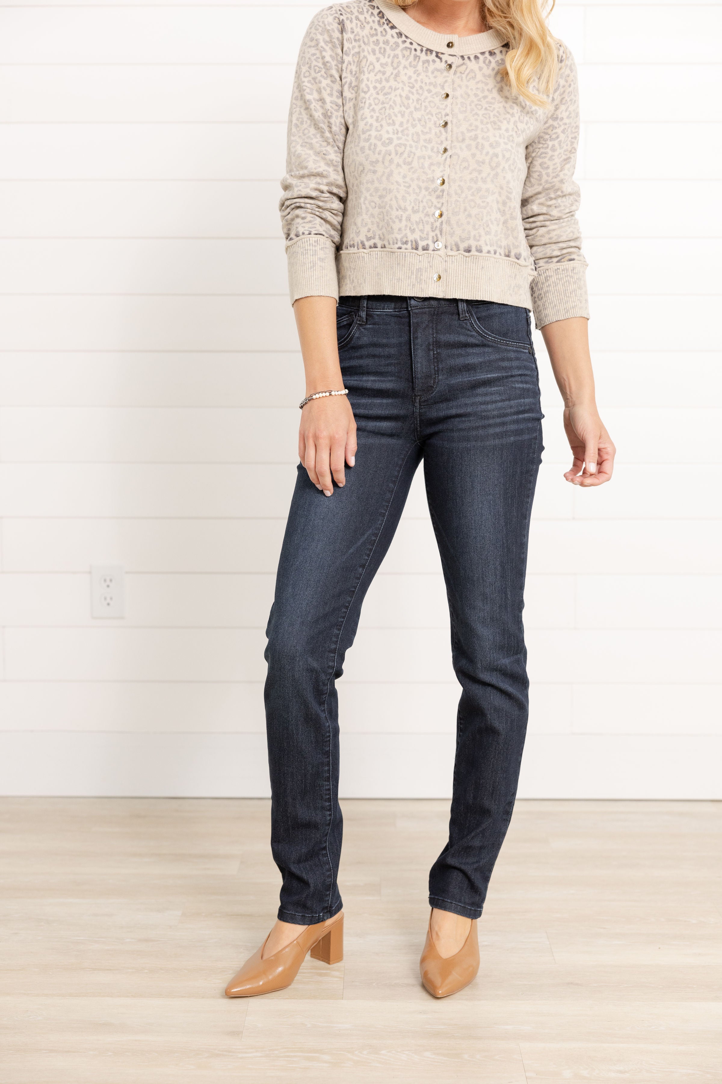 Model wearing Mac and Me high rise indigo straight leg jeans from Mainstream Boutique Bloomington, part of our $15 off Denim Days event.