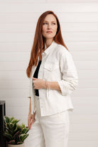 Mac and Me optic white denim jacket, side profile showing cropped fit