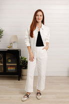 White denim jacket with ruched sleeves by Mac and Me, front view