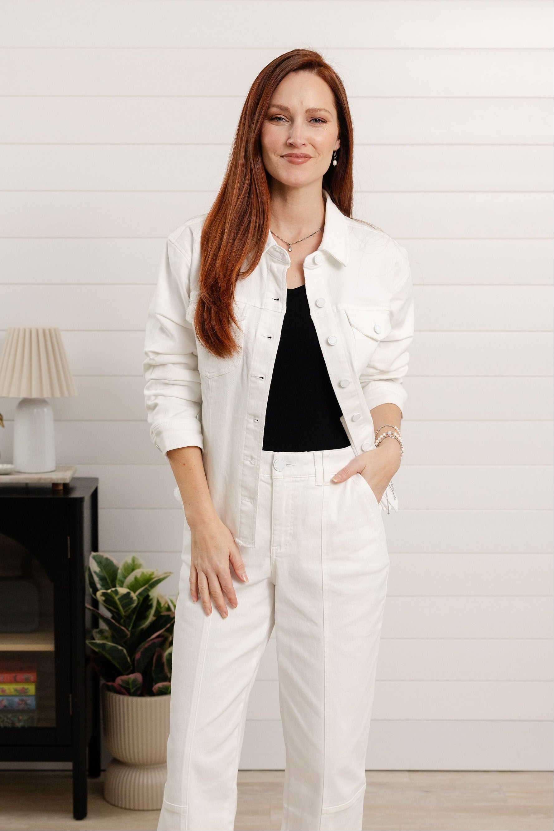 White denim jacket with ruched sleeves by Mac and Me, front view