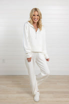 Mac and Me ivory wide leg pull on pant front view paired with Mac and Me 1/4 zip sweatshirt in ivory
