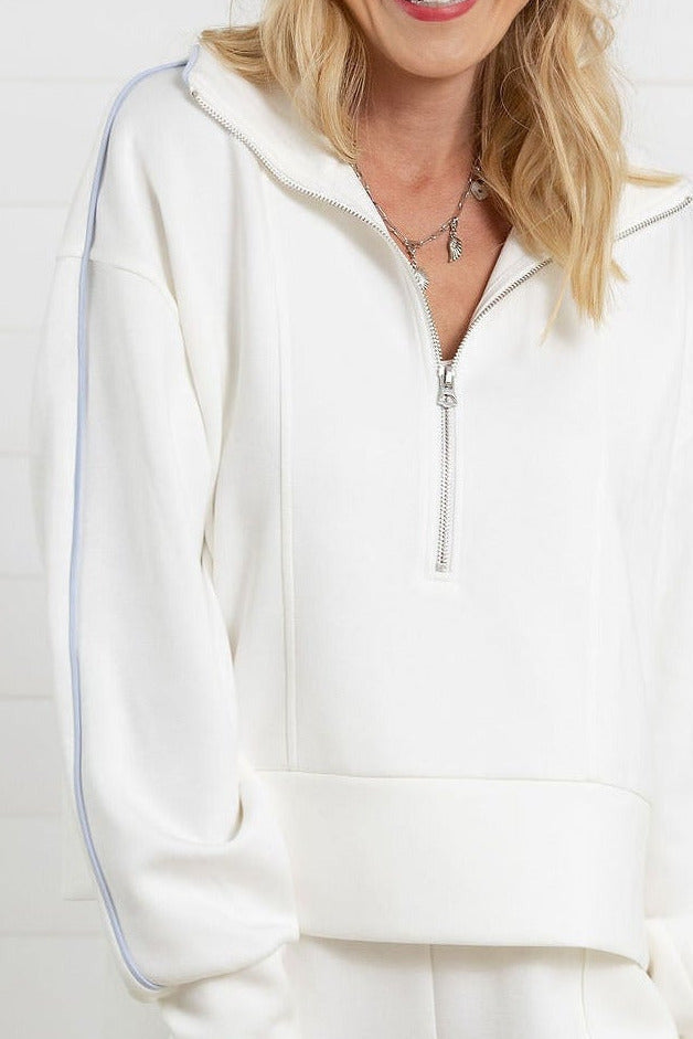 Close-up of ivory quarter zip neckline detail