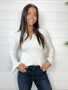 Front of the mac and me bell sleeve ribbed top in white