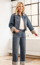 woman weaing Mac and Me Crop Fixed cuff jean jacket 